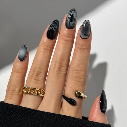 Halloween Press On Nagels Zwart Gradiënt Spinnenweb Vleermuis Gothisch Lange Amandelvorm Kunstnagels Met Plakstrips