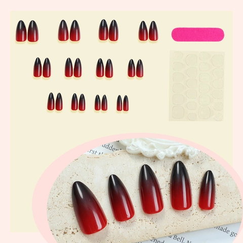 Unghie Finte A Pressione Sfumate Rosso Nero Forma Mandorla Lunga Lucide Con Schede Adesive E Lima