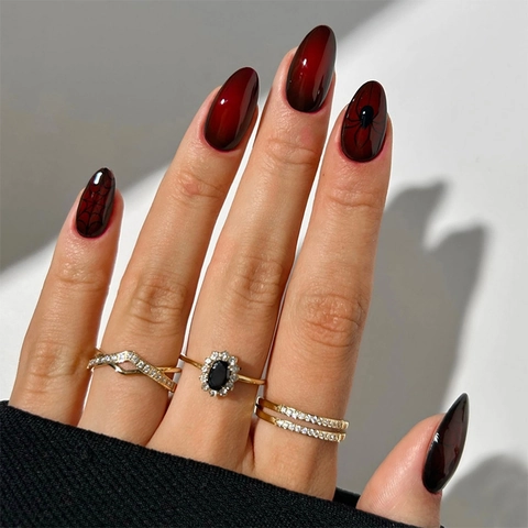 Uñas Postizas De Plástico Halloween Press On Degradado Rojo Negro Telaraña Largas Stiletto Ojo De Gato Estilo Gótico Para Mujeres Fiesta