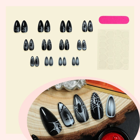 Halloween Press On Nagels Zwart Gradiënt Spinnenweb Vleermuis Gothisch Lange Amandelvorm Kunstnagels Met Plakstrips