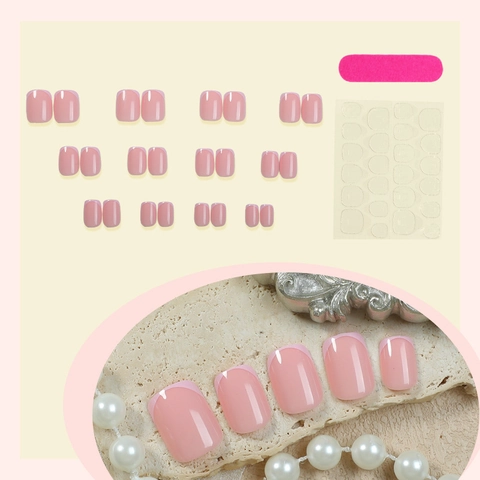 Press On Nails French Tip Short Square Pink Glossy Artificial False Nails With Adhesive Tabs And Mini Nail File