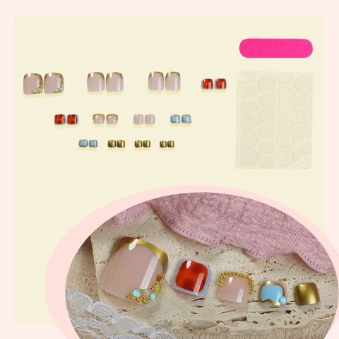 Leopard French Tip Press On Zehennägel Straßstein Glitzer Blau Gold Glänzend Harz Fußnägel Für Damen