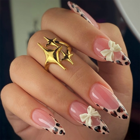Mandel Aufpressnägel Lang Leopard Muster Französische Spitzen Nude Rosa Künstliche Nägel Mit 3D Schleife Klebepads Und Feile