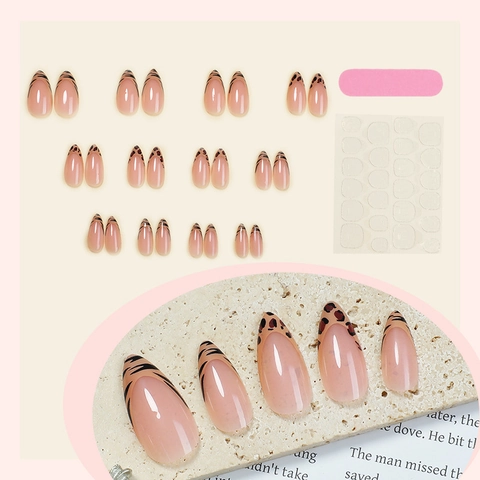 Unghie Finte Press On Stampa Leopardata Francese Forma A Mandorla Rosa Nudo Manicure Lucida Per Donne Stile Elegante