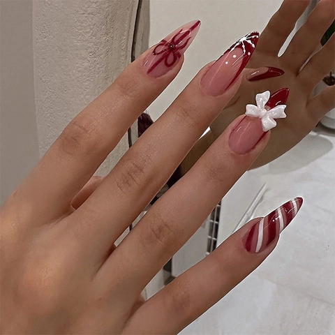 Uñas Postizas Rojas De Navidad French Tip Stiletto Con Lazo 3D Copo De Nieve Diseño De Bastón De Caramelo Para Fiestas