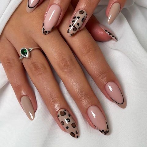 Faux Ongles Amande Leopard Print Style Français Brillant Plastique Ongles Réutilisables Manucure Longue Pour Femmes
