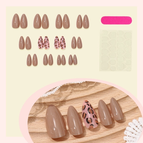 Glossy Almond Press On Nails Leopard Print And Solid Coffee Color Artificial Fingernails Manicure Accessories For Women