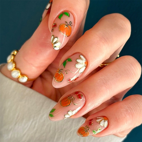 Press On Nails Mandelform Kürbis Gänseblümchen Muster Goldener Umriss 3D Design Künstliche Fingernägel Für Frauen Herbst