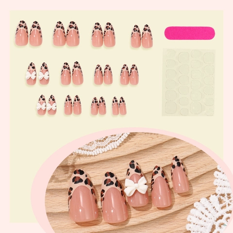 Mandel Aufpressnägel Lang Leopard Muster Französische Spitzen Nude Rosa Künstliche Nägel Mit 3D Schleife Klebepads Und Feile