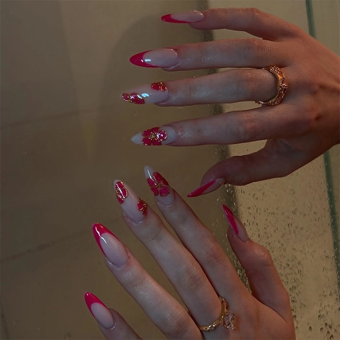 Press On Nails French Red Flower Gold Trim Almond Shape Removable Long Oval False Nails For Women DIY Manicure