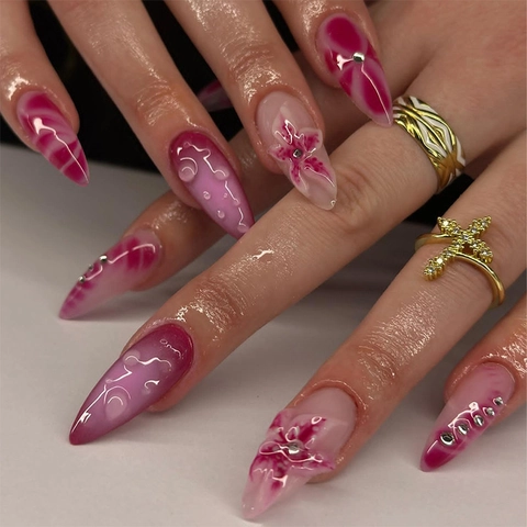Ongles À Presser 3D Strass Étoile De Mer Fleur Rose Forme Amande Faux Ongles Pour Femmes Manicure DIY