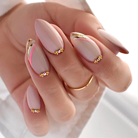 Französische Mandel Aufpressnägel Nude Rosa Lang Glänzend Goldperlen Strass Glitzer Handbemalte Linien Klebestreifen Nagelfeile