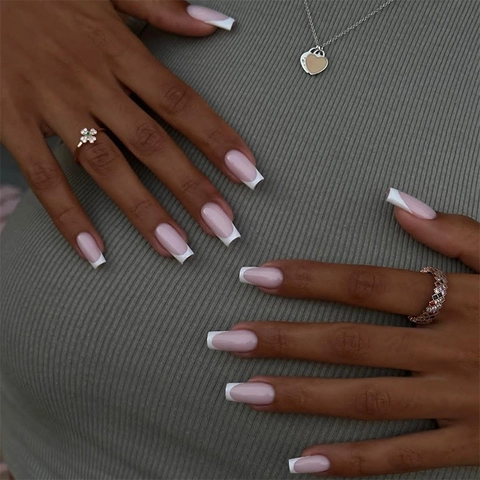 French Tip Press On Nails Long Coffin Fake Nails Pink And White Glossy Full Cover Artificial Finger Nails Adhesive Tabs Nail File