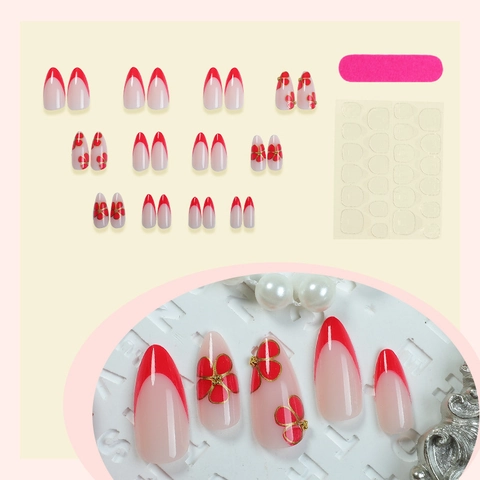 Press On Nails French Red Flower Gold Trim Almond Shape Removable Long Oval False Nails For Women DIY Manicure