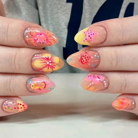 Almond Shape Press On Nails Summer Ocean Marine Creatures Hand Painted Style False Nails With Adhesive Tabs And File