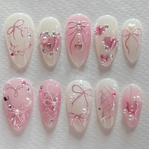 Uñas Postizas Press On Lazo 3D Degradado Rosa Almendra Larga Estrás Corazón Perla Artificial Estilo Dulce Hechas A Mano