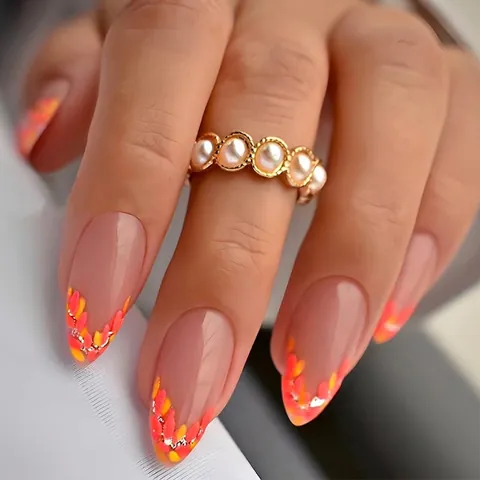 Mandel Aufdrucknägel Französisch Herbst Ahornblätter Nude Rosa Künstliche Nägel Mit Klebestreifen Und Feile Künstliche Fingernägel Für Frauen