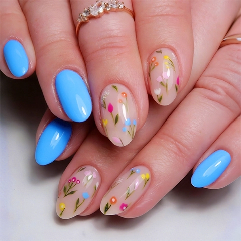 Florale Plaknagels Amandelvorm Frans Blauw En Doorschijnend Valse Nagels Voor Vrouwen Elegante DIY Kunst