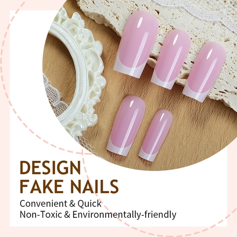 French Tip Press On Nails Long Coffin Fake Nails Pink And White Glossy Full Cover Artificial Finger Nails Adhesive Tabs Nail File