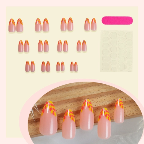 Mandel Aufdrucknägel Französisch Herbst Ahornblätter Nude Rosa Künstliche Nägel Mit Klebestreifen Und Feile Künstliche Fingernägel Für Frauen