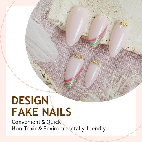 Französische Mandel Aufpressnägel Nude Rosa Lang Glänzend Goldperlen Strass Glitzer Handbemalte Linien Klebestreifen Nagelfeile