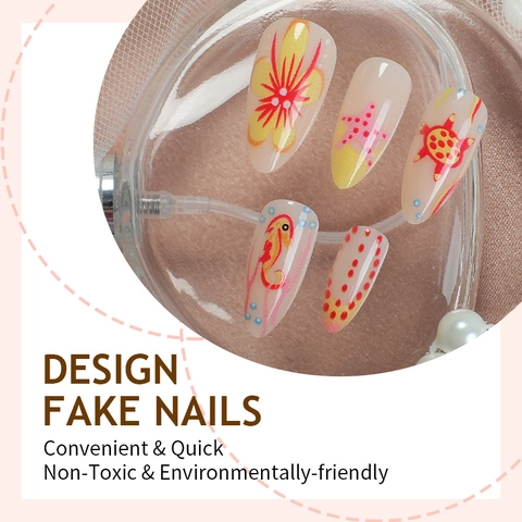 Almond Shape Press On Nails Summer Ocean Marine Creatures Hand Painted Style False Nails With Adhesive Tabs And File