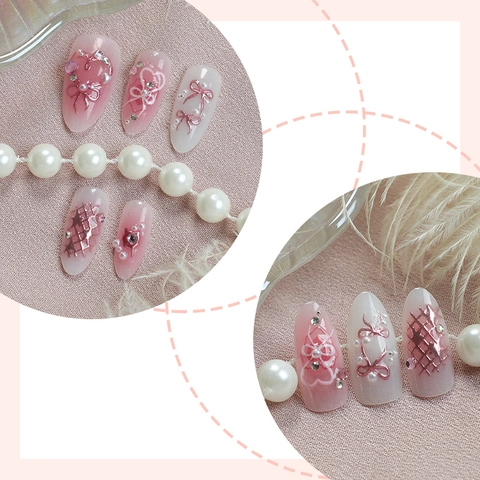 Uñas Postizas Press On Lazo 3D Degradado Rosa Almendra Larga Estrás Corazón Perla Artificial Estilo Dulce Hechas A Mano