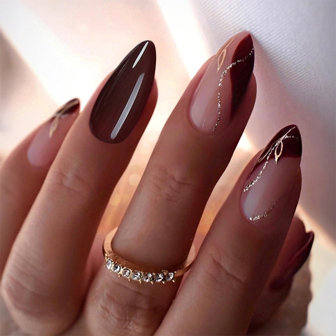 French Almond Press On Nails Glossy Silver Line Wine Red Nude Pink Leaf Pattern Artificial Finger Nails Women