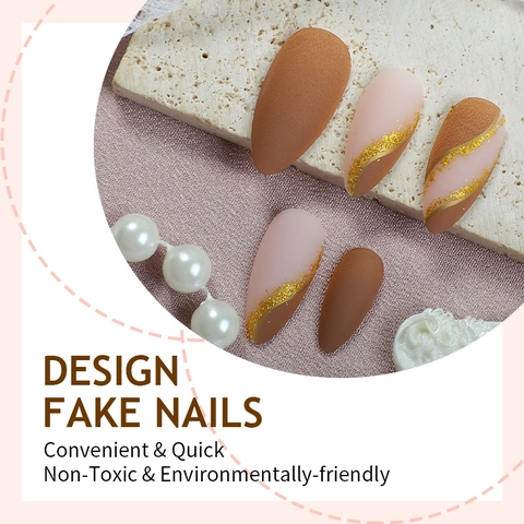 Französische Mandel Press On Nägel Matt Braun Nude Color Blocking Gold Glitzer Linie Glänzende Künstliche Nägel Damen