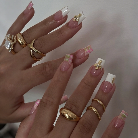 French White Tip Press On Nails With Rhinestone Cross Plaid Design Long Coffin Fake Nails For Women Elegant Luxury