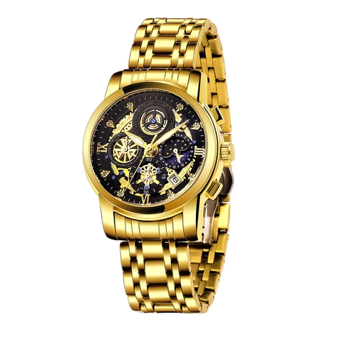 Luxury Business Men Quartz Watch Hollow Skeleton Design Waterproof Alloy Stainless Steel Strap Luminous Moon Phase