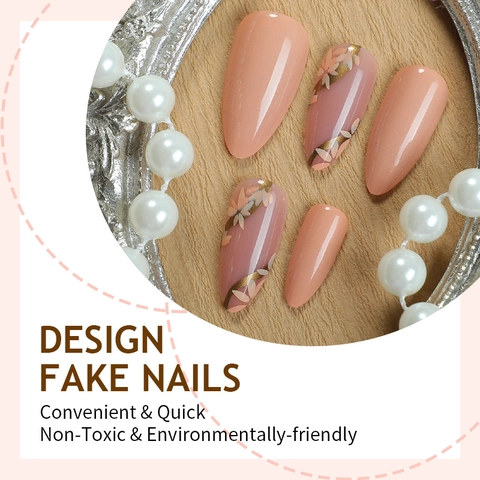 French Almond Press On Nails Floral Design Nude Pink Solid Color Gold Accents Artificial False Nails For Women