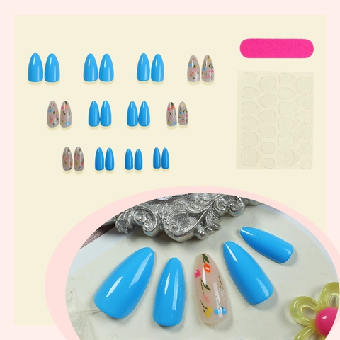 Florale Plaknagels Amandelvorm Frans Blauw En Doorschijnend Valse Nagels Voor Vrouwen Elegante DIY Kunst