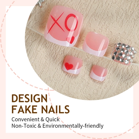 Franse Stijl Kunstnagels Voor Tenen Hart Lip Patroon Strass Plastic Met Geleilijm En Nagelvijl