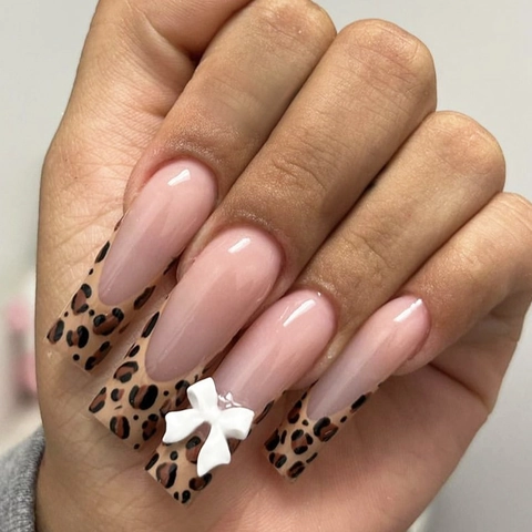 Uñas Postizas Largas Coffin Estampado Leopardo Francés Con Lazo Blanco Uñas Artificiales Para Mujeres Elegante Moda