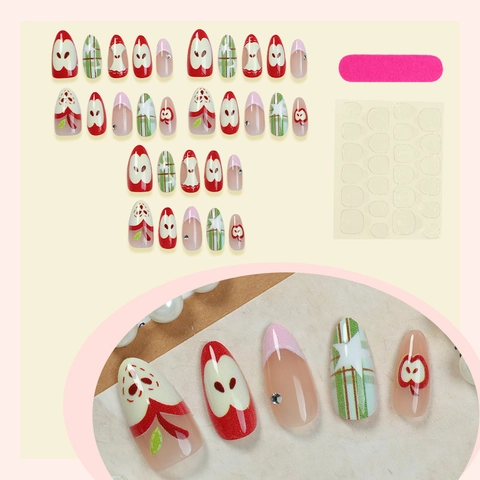 Almond Shape Press On Nails Apple Pattern Red Pink Green Star Rhinestone French Tip Lattice Plastic False Nails Women