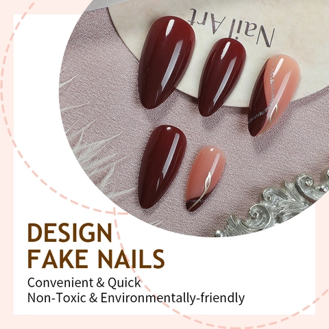 French Almond Press On Nails Glossy Silver Line Wine Red Nude Pink Leaf Pattern Artificial Finger Nails Women