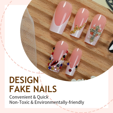 Faux Ongles French À Presser Avec Charme Croix Métallique Strass Colorés Dégradé Rose Forme Cercueil Manucure DIY
