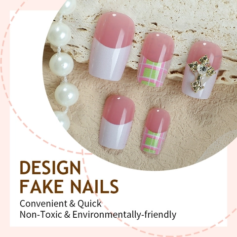 French White Tip Press On Nails With Rhinestone Cross Plaid Design Long Coffin Fake Nails For Women Elegant Luxury