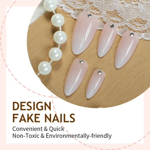 Ombre Roze Wit Press On Nagels Amandelvorm Strass Kunstnagels Voor DIY Manicure Eenvoudige Elegante Stijl