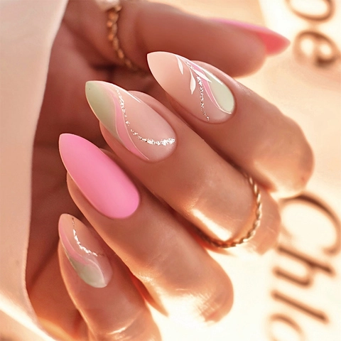 Unghie Finte Mandorla In Acrilico Rosa Verde Linea Argento Motivo Foglia Stile Francese Lucide Per Donne