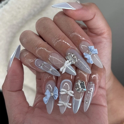 Stiletto Press On Nails White French Edge Glossy 3D Bow Decor Rhinestone Glitter Elegant Artificial Nails For Women