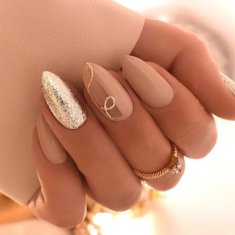 Faux Ongles Press On Amande Rose Nude Français Paillettes Dorées Lignes Courbes Ongles Brillants Manucure Pour Femmes