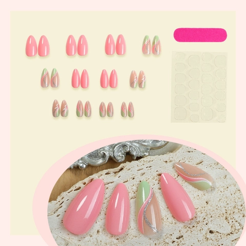 Unghie Finte Mandorla In Acrilico Rosa Verde Linea Argento Motivo Foglia Stile Francese Lucide Per Donne