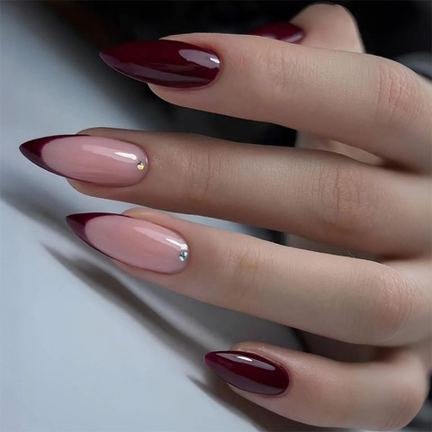 Plastic Press On Nails Almond Shape Burgundy French Tip With Rhinestones For Women DIY Manicure Glossy Elegant