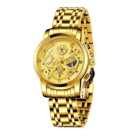 Luxury Business Men Quartz Watch Hollow Skeleton Design Waterproof Alloy Stainless Steel Strap Luminous Moon Phase
