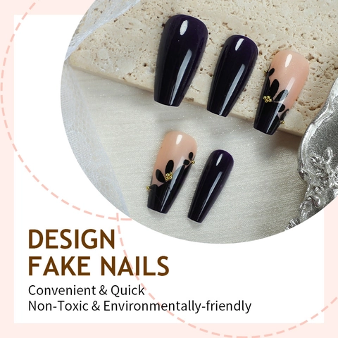 Unghie A Pressione Fiori Neri 3D Bara Trapezio Unghie Finte Lunghe Lucide Con Perline Dorate Manicure Artificiale Donne