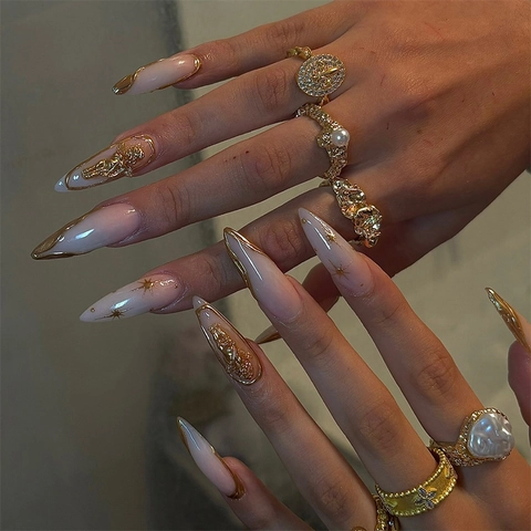 Unghie Finte 3D Lunghe Forma Mandorla Rilievo Angelo Dorato Sfumato Rosa Blu Motivo Stella Manicure Fai Da Te Riutilizzabile Donne