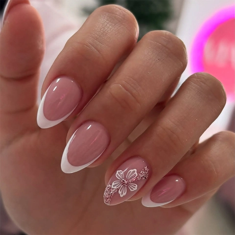 French Almond Press On Nagels Roze Witte Bloem Glitter Lange Kunstnagels Met Plakstrips En Nagelvijl Voor Dames
