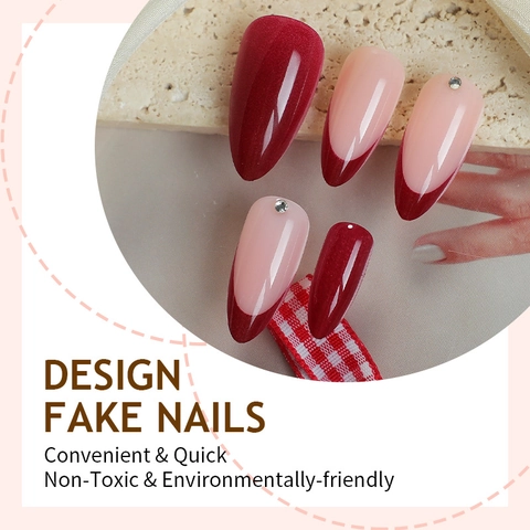 Plastic Press On Nails Almond Shape Burgundy French Tip With Rhinestones For Women DIY Manicure Glossy Elegant